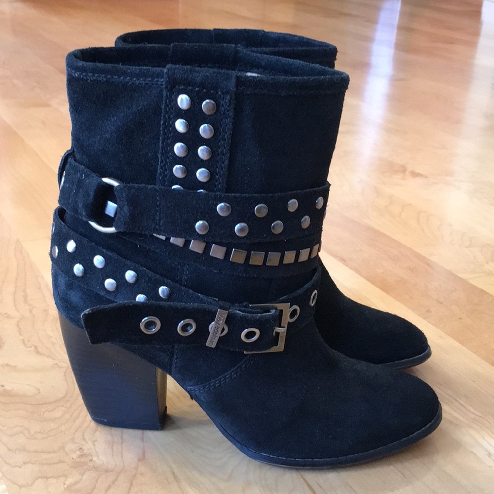 LIBBY EDELMAN Strappy Studded Black Suede Booties